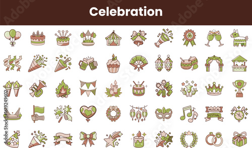 A vibrant collection of celebration-themed icons, featuring cakes, balloons, and festive decorations, perfect for party planning and event themes.