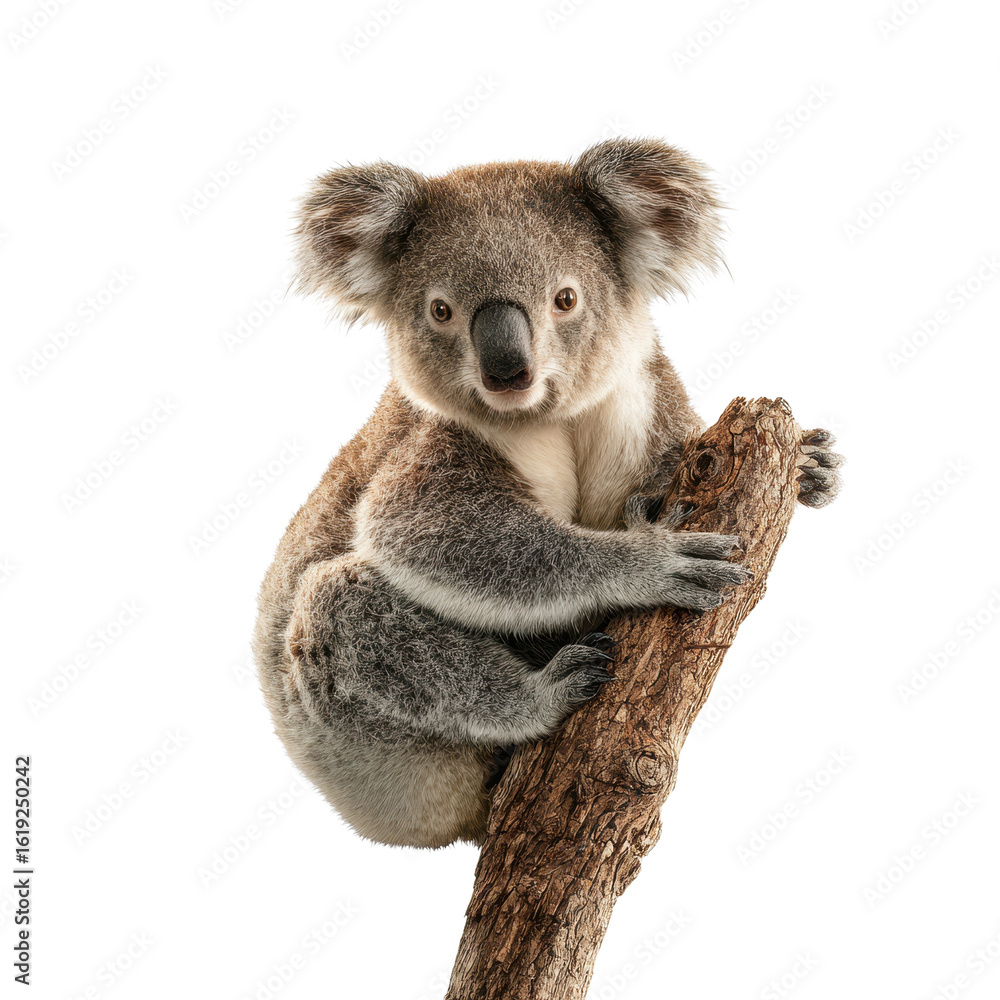 Naklejka premium Adorable koala bear clinging to a tree branch against a pure black backdrop., flat icon style