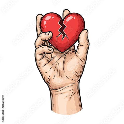 Broken Heart Illustration in Hand: Symbol of Loss, Pain, and Emotional Vulnerability Concept