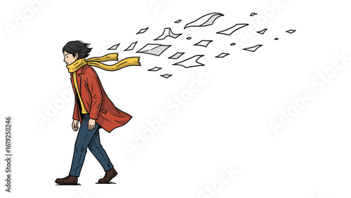 Conceptual illustration of a man losing paper sheets in wind for creative use