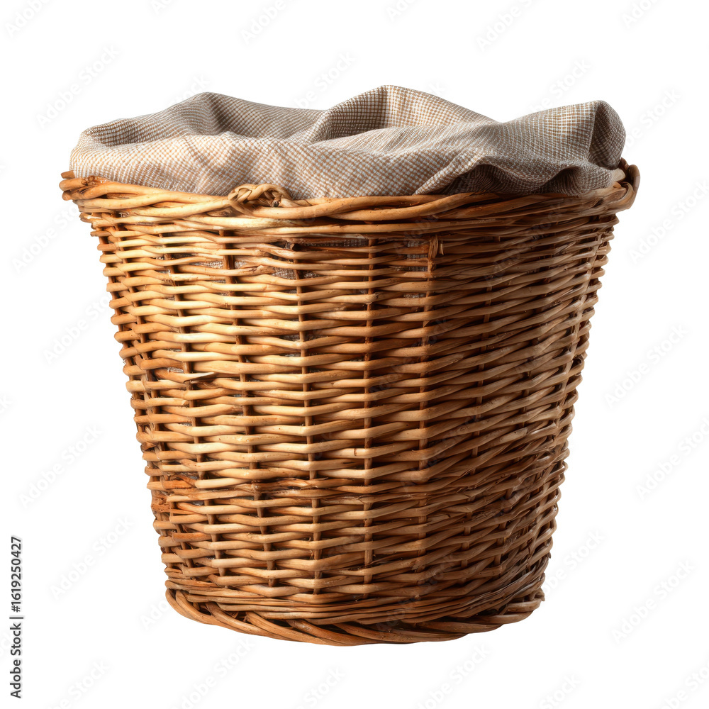 Obraz premium Empty wicker laundry basket with a checkered cloth lining, isolated on black., on a transparent background