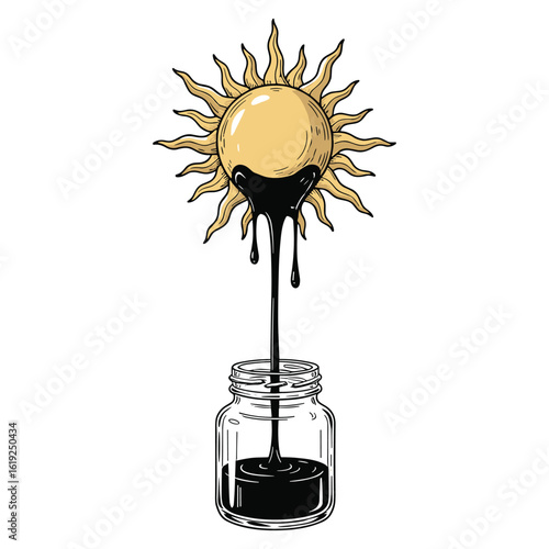 Surreal Sun Illustration: Dripping Darkness into Jar - Conceptual Art & Symbolism