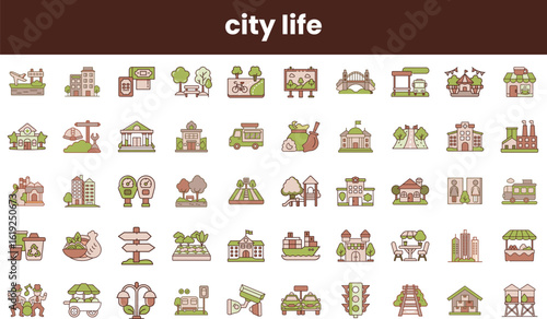 A vibrant collection of illustrations depicting various aspects of city life, including parks, transportation, buildings, and social activities in a colorful, simplified style.