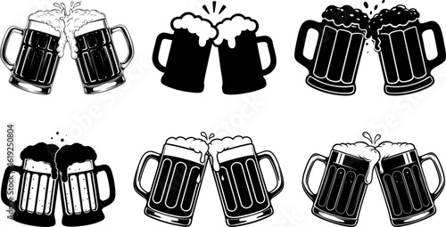 Clinking Beer Mugs Vector Art, Toasting Beer Mugs Clipart Set, Cheers Beer Icon Illustration, Beer Mugs Toast Silhouette, Celebration Beer Cheers Graphic, Vector Beer Mugs Clinking.
