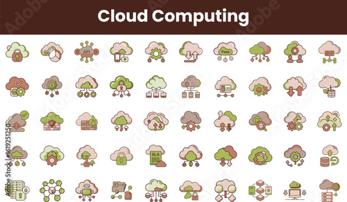 A diverse collection of cloud computing icons featuring various symbols like servers, data clouds, and security elements in a stylish design.