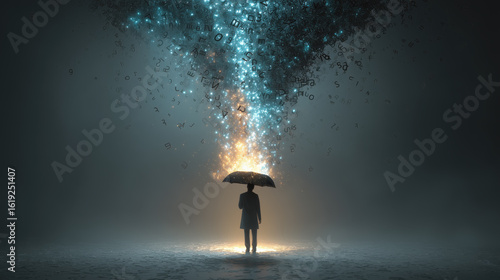 Figure Shielding Umbrella from Downpour of Glowing Letters Symbolizing Resilience