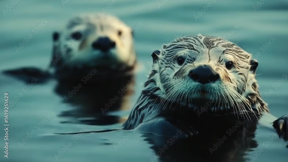 Two sea otters in the ocean looking towards the camera, capturing their interaction with a natural setting. Two sea otters in the ocean looking towards the camera, capturing their interaction with a natural setting.