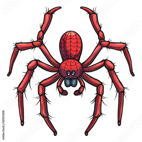 Cartoon Spider with Red Body and Detailed Legs Spiky Hairs and Big Eyes