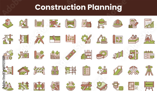 A colorful collection of construction planning icons featuring tools, machinery, buildings, and project elements, ideal for design and architectural themes.