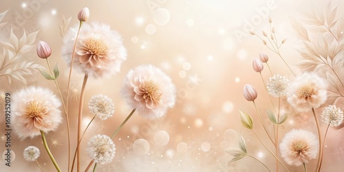 Elegant Pastel Dandelions and Delicate Floral Arrangements in a Soft, Dreamy Setting