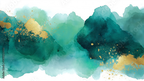 緑色の濃淡が優しく広がる水彩ブラシ背景に、上品な金箔のアクセントを加えたテクスチャイラスト。ナチュラルで高級感のあるアート素材として多用途に使用可能。