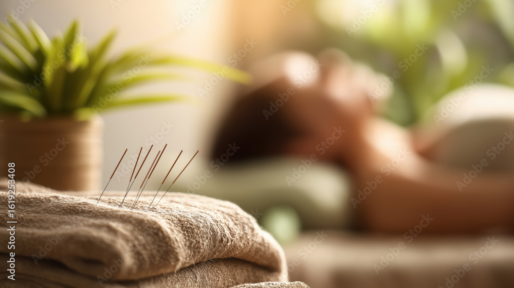 Fototapeta premium Close-Up of Acupuncture Needles Arranged on Towel During Professional Treatment Session, Patient on Table in Soft-Lit Clinical Setting with Plants