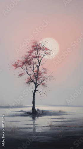 Generative Ai Illustration. Misty tree landscape. High quality photo