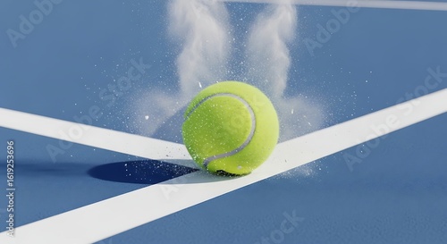 A tennis ball impacting a blue court surface, creating a cloud of dust upon hitting the white line.