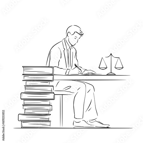 Illustration of a lawyer or judge sitting at a desk writing with a stack of books and scales of justice