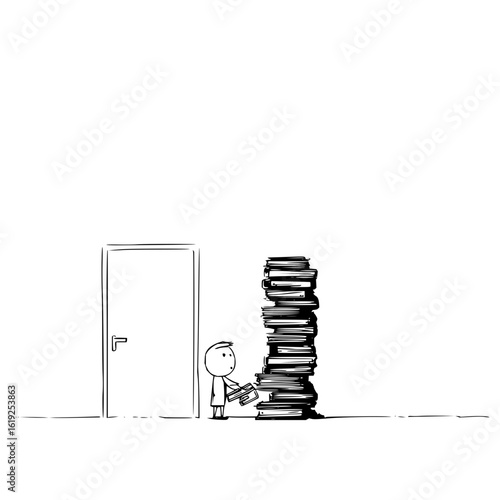 A minimalist drawing showing a person stacking books next to a closed door in a simple black and white sketch