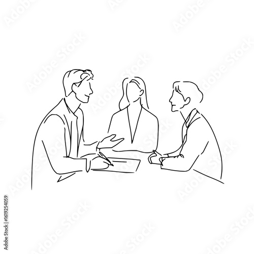 Three people in a meeting with one person writing on a document and two others talking during discussion
