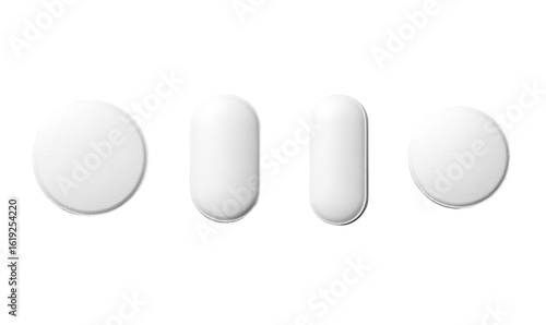 Four white pills of varying shapes, circular and oval, displayed in a row