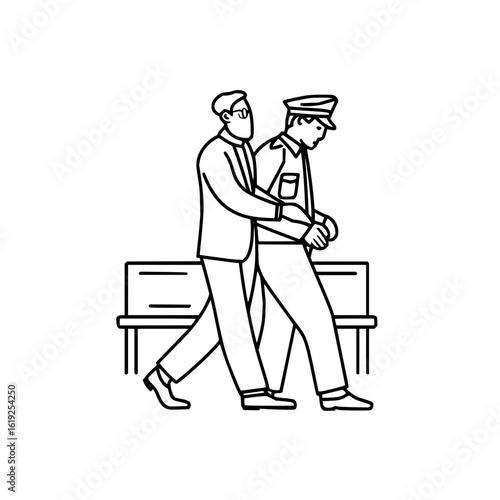 A man in a suit escorting a police officer past a bench with arms linked in a line art illustration