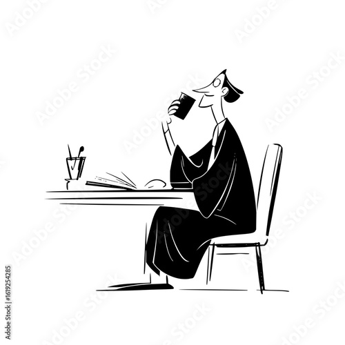 Illustration of a man in a robe sitting at a table drinking from a cup with a book and utensils nearby