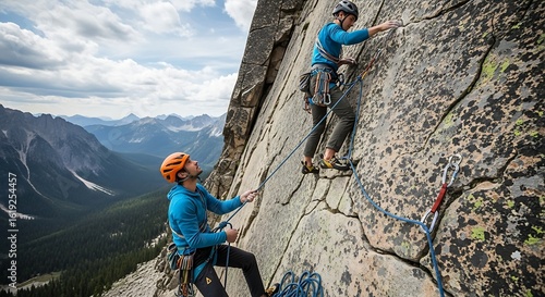 Two rock climbers ascend a steep cliff face, one belaying the other, with scenic mountain views and a cloudy sky in the background.