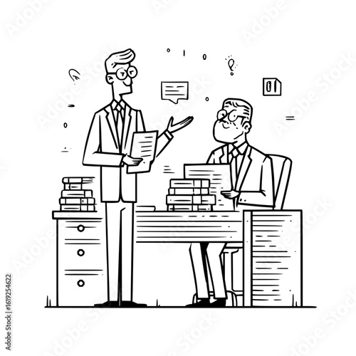 Two men in suits discussing paperwork at a desk with books and floating symbols in a black and white sketch