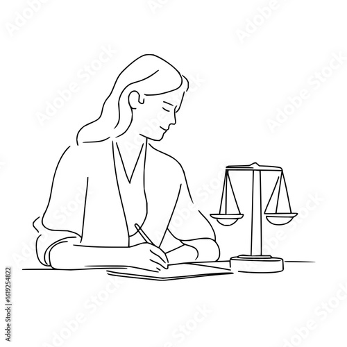 Woman writing on paper next to scales of justice in a line art style illustration on a white background