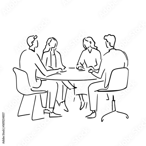 A simple line drawing depicting four people sitting around a table in a meeting or discussion setting