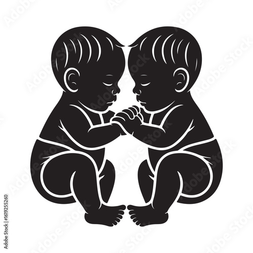 Stylized black and white silhouette of two adorable babies holding hands in a symmetrical pose