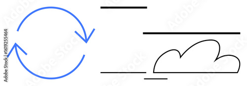 Arrows forming a circle illustrate synchronization while cloud and horizontal lines suggest cloud computing and connectivity. Ideal for technology, collaboration, sustainability, updates, automation