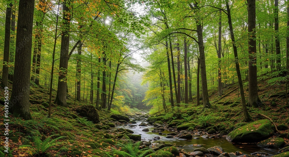 Naklejka premium Misty forest stream flowing through mossy rocks and vibrant green trees with autumn leaves.