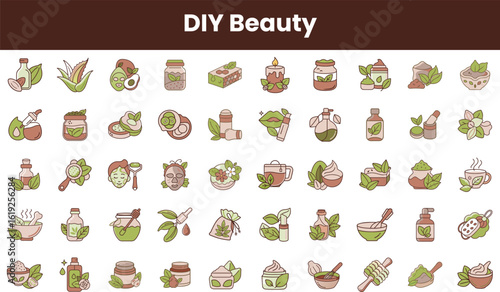 Colorful DIY beauty icons featuring natural ingredients, skincare products, and herbal elements, showcasing a vibrant and organic approach to personal care.