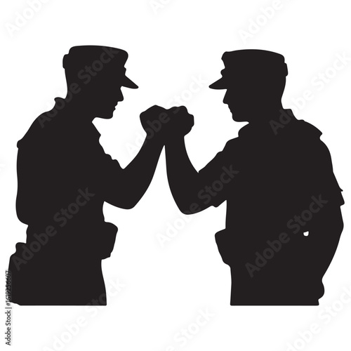Two silhouetted soldiers in uniform clasping hands in a gesture of solidarity and mutual respect against a white background