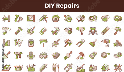 A vibrant collection of DIY repair icons, showcasing tools and equipment for home improvement projects, featuring a playful color palette and a creative layout.