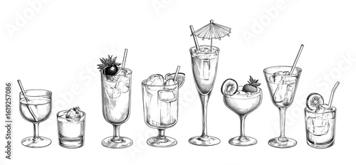 Eight Monochrome Cocktail Glass Illustrations with Diverse Garnishes