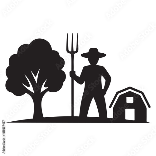 Silhouette of a farmer holding a pitchfork standing beside a tree and a barn on a white background