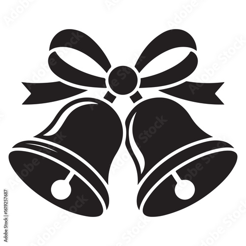 Classic black silhouette of two christmas bells tied together with a festive ribbon and bow