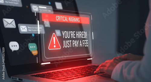 Online Scam Hands typing on laptop with fake job offer, payment request; Email icon background