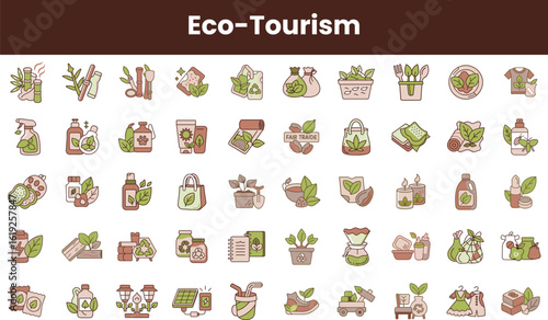 A collection of eco-tourism icons showcasing sustainable practices including plants, recycling, and natural products, emphasizing an environmentally friendly lifestyle.