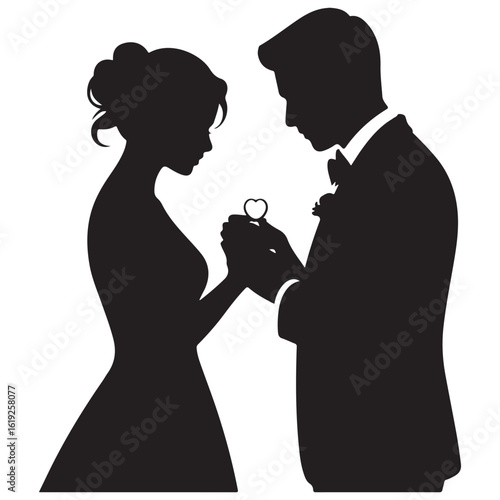 Silhouette of a groom proposing to his bride with an engagement ring on their wedding day