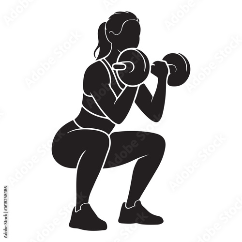 Silhouette of a woman performing a barbell squat exercise in a gym setting for strength training