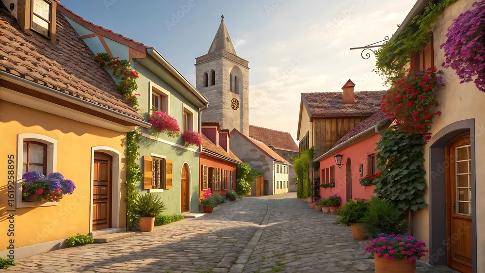 Obraz premium Colorful european village street with church tower cobblestone houses
