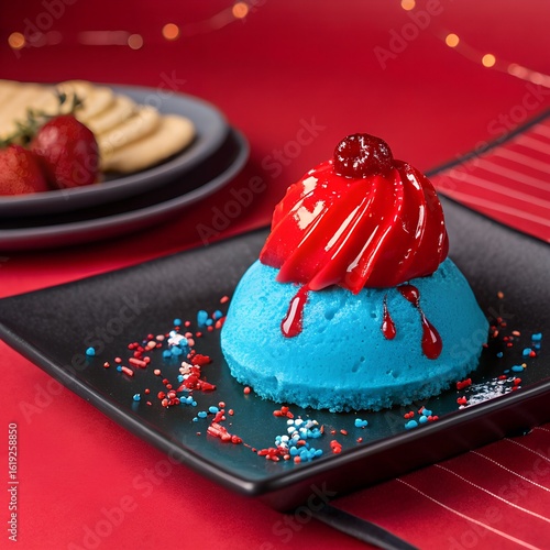Vividly Styled Modern Blue Dessert on Dark Plate
