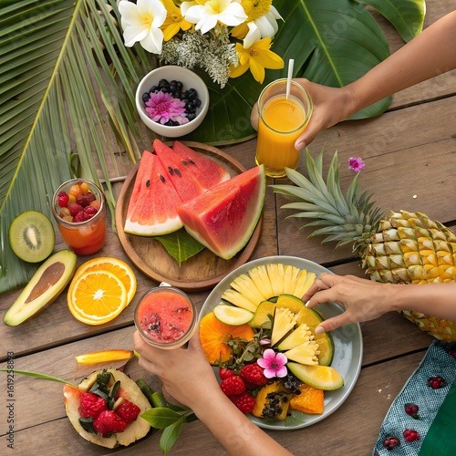 Vibrant Tropical Fruit Feast on Rustic Wooden Table