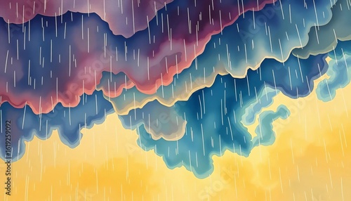 Whimsical watercolor storm clouds, swirling rain, vibrant hues,  ai,  magical
