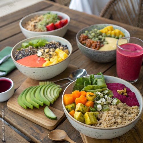 Rustic Wooden Table with Colorful Wholesome Food Bowls