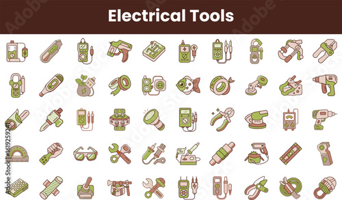 A colorful array of electrical tools, featuring various devices like multimeters and drills. Ideal for electricians and DIY enthusiasts.