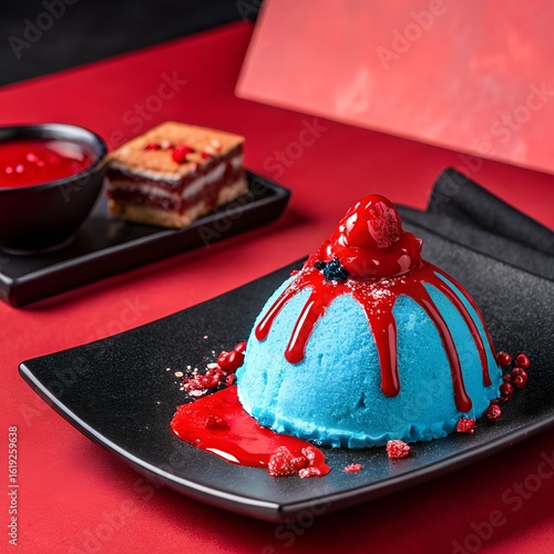 Unique Modern Dessert with Vibrant Blue and Red Colors