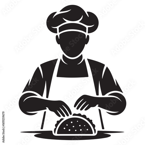 Silhouette of a chef wearing a tall hat and apron preparing a taco with focused hands