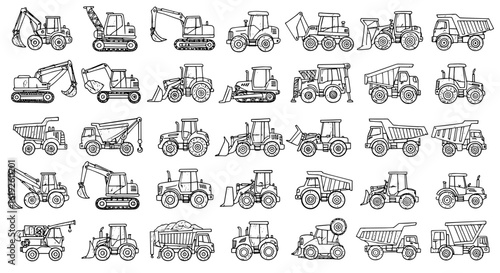 Detailed black line art collection of diverse construction vehicles, including excavators, dump trucks, bulldozers, and loaders, in a clean, doodle style.